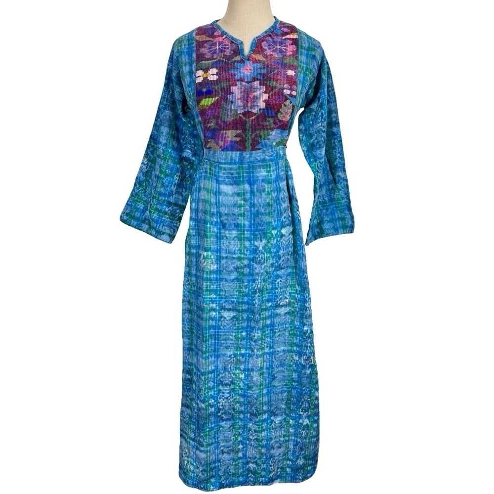 Handmade Vintage 80s Guatemalan Ikat Maxi Dress Embroidered Huipil Panel